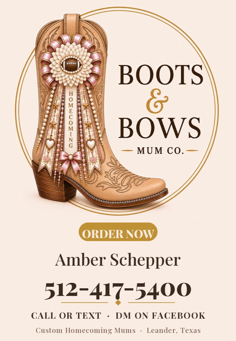 Boots & Bows Mum Co. custom homecoming mums in Leander, Texas. Amber Schepper 512-417-5400.